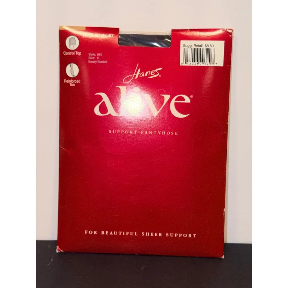 Vintage Hanes Alive Full Support Pantyhose Barely Black Sz D Control Top 810
